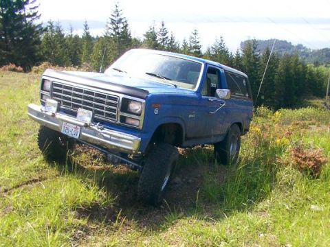 1980 Ford Bronco - This blue 1980 Ford Bronco is captured in a three-quarter front view as it navigates a grassy, off-road terrain.