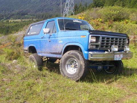1980 Ford Bronco - 1980 Ford Bronco parked on a grassy hillside with power lines in the background.