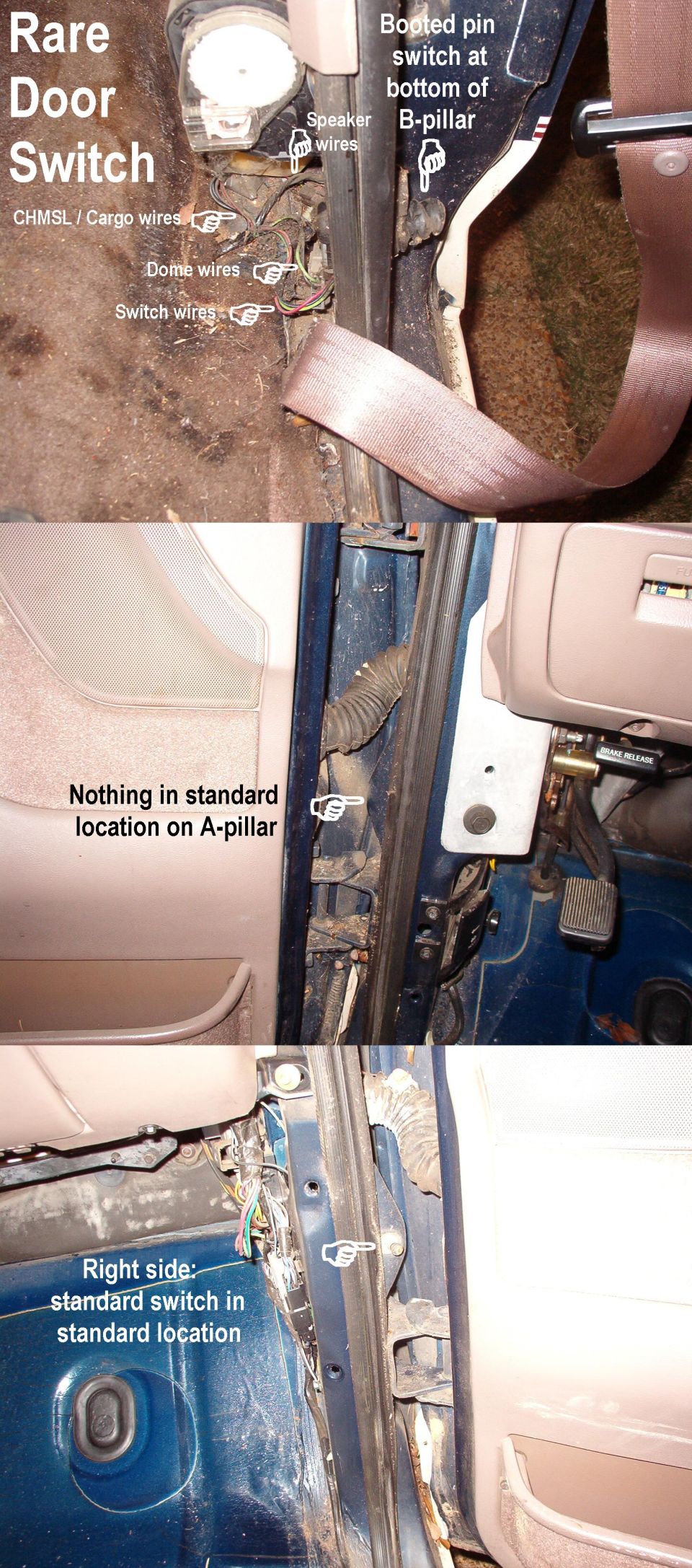 Labeled collage of door pin switch wiring at vehicle pillars