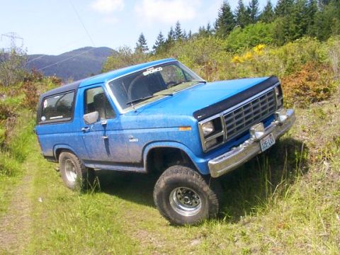1980 Ford Bronco - This blue Ford Bronco is parked on a dirt path, surrounded by grassy hills and trees.