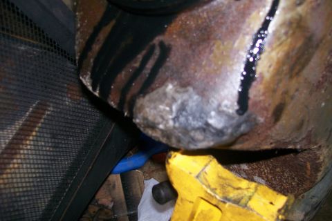 1992 Ford C-350 (Centurion Conversions) - The patch job on the oil pan on the new engine, hence why I had to swap them.