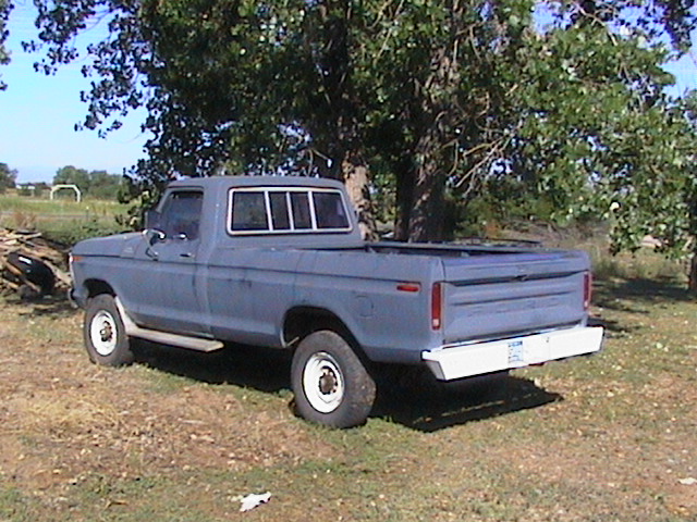 Blue 1979 Ford F-250 pickup truck parked on dry grass, rear 3/4 view