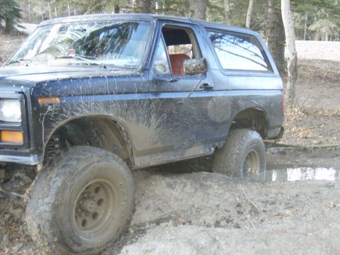 1985 Ford Bronco - This muddy 1980s Ford Bronco is stuck in a muddy ditch, with its front passenger side wheel submerged.