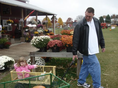 2000 Ford Crown Victoria - A man walks past a flower stand while pulling a wagon with a child inside.