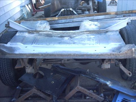 1954 Ford F-100 - 10-29-08: Then I flipped the rear floor section upside down and broke out the 7" craftsman sander with a large wirebrush cup on it and clea…