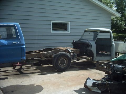 1954 Ford F-100 - 7-04-08: I dug the 54 cab out of my garage Thursday. My youngest brother stopped by this morning to help me lift the cab up onto the F250 f…