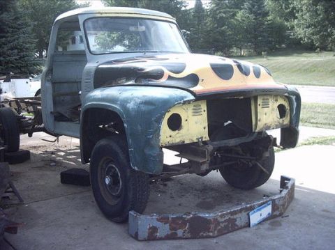 1954 Ford F-100 - 8-10-08: Right now the front of the cab and the front clip are sitting a little too high. I 'm going to need to do some cutting/trimming on…