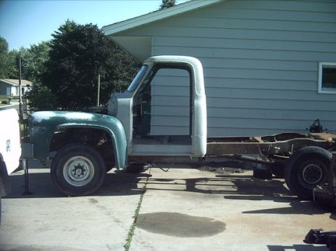 1954 Ford F-100 - 7-08-08: I got the cab almost in the position it will be mounted in. I still need to go a couple inches farther forward but I'll have to cu…