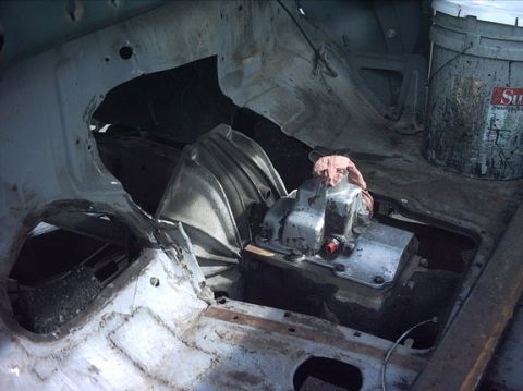 1954 Ford F-100 - 8-10-08: I broke out the sawzall and cut out the opening for a little clearance around the bellhousing.