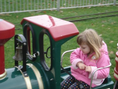 2000 Ford Crown Victoria - A young child enjoys a ride on a miniature train, with tracks visible in the background.