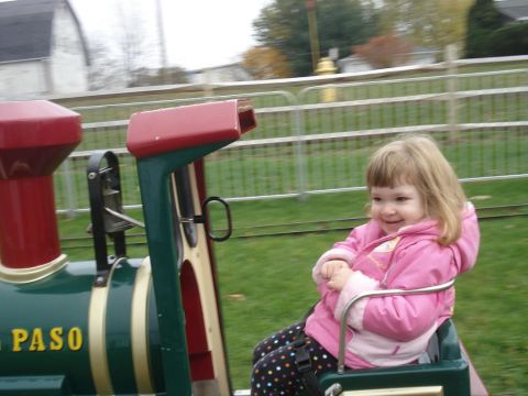 2000 Ford Crown Victoria - A child enjoys a ride on a toy train at an amusement park.