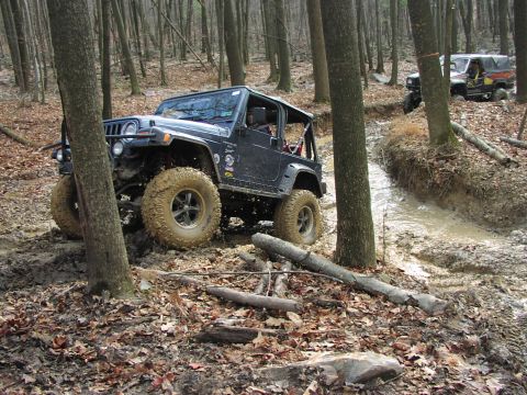 1986 Ford Bronco - A black Jeep Wrangler tackles a challenging muddy trail in a wooded area, with another off-road vehicle in the distance.