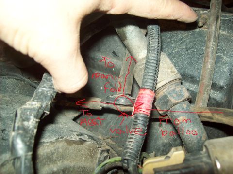 1985 Ford Bronco - Red ink annotations point to various engine bay parts and fluid lines in this close-up view.