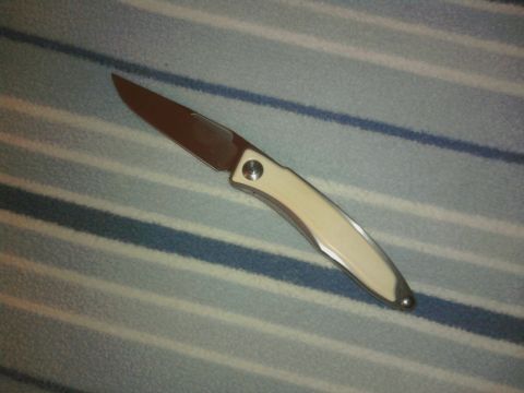 2000 Ford Crown Victoria - A folding knife with a metallic blade and a light-colored handle is positioned diagonally on a striped surface.