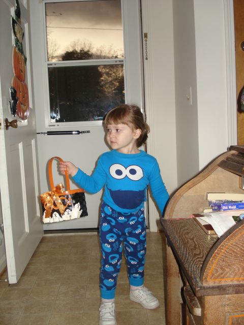 2000 Ford Crown Victoria - A child dressed as Cookie Monster stands indoors holding a Halloween candy bag.