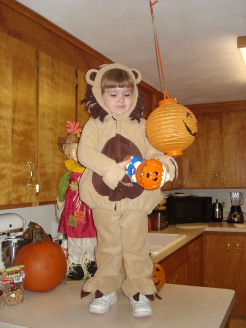 2000 Ford Crown Victoria - A child dressed as a lion stands on a kitchen counter, holding a pumpkin-shaped candy bucket during Halloween.