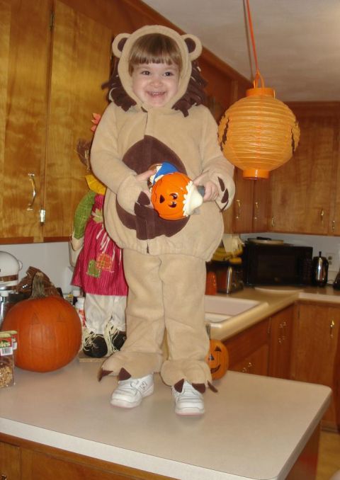 2000 Ford Crown Victoria - Kid dressed as a lion on kitchen counter with Halloween decorations.