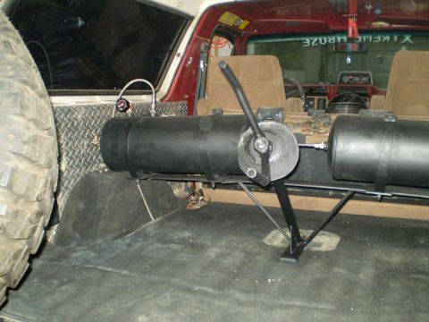 1986 Ford Bronco - Interior view of a 1986 Ford Bronco with custom auxiliary tanks installed.