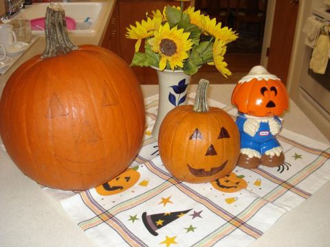 2000 Ford Crown Victoria - A festive Halloween display features carved pumpkins and a scarecrow figure on a patterned cloth.