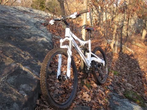 1981 Garelli Rally Sport - A white mountain bike rests on a rocky incline covered in fallen leaves.