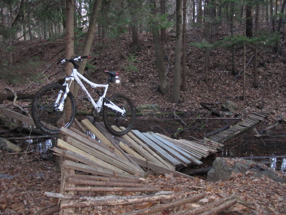 White full-suspension mountain bike on a rustic wooden bridge in a forest