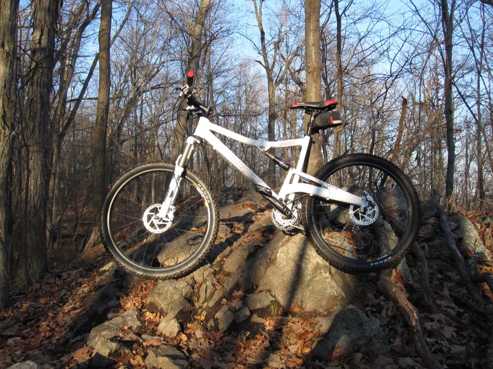 White full-suspension mountain bike on rocks in woods