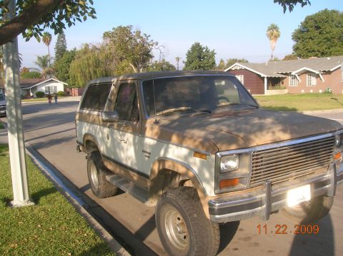 1985 Ford Bronco - This older model Ford Bronco is parked on a suburban street, with houses and trees in the background.