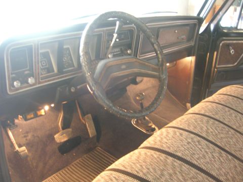 1975 Ford F-250 - The interior of a 1973 Ford F-Series truck shows its dashboard, steering wheel, and striped seat.