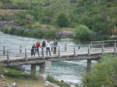 1986 Ford Bronco - A group of people stand on a rustic wooden bridge spanning a flowing river, surrounded by lush green trees and purple wildflowers.