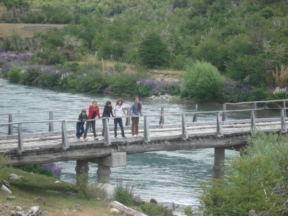 People on a wooden bridge over a river with trees and purple flowers