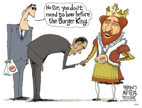 1993 Ford Bronco - A political cartoon depicts a man bowing to the Burger King, with another man advising against it.