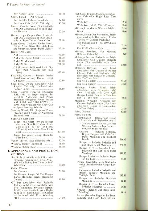 1979 Ford Bronco - Scanned page 112 of a Ford truck buyer's guide headed "F-Series, Pickups, continued," listing retail option prices for tinted glass, comfor…