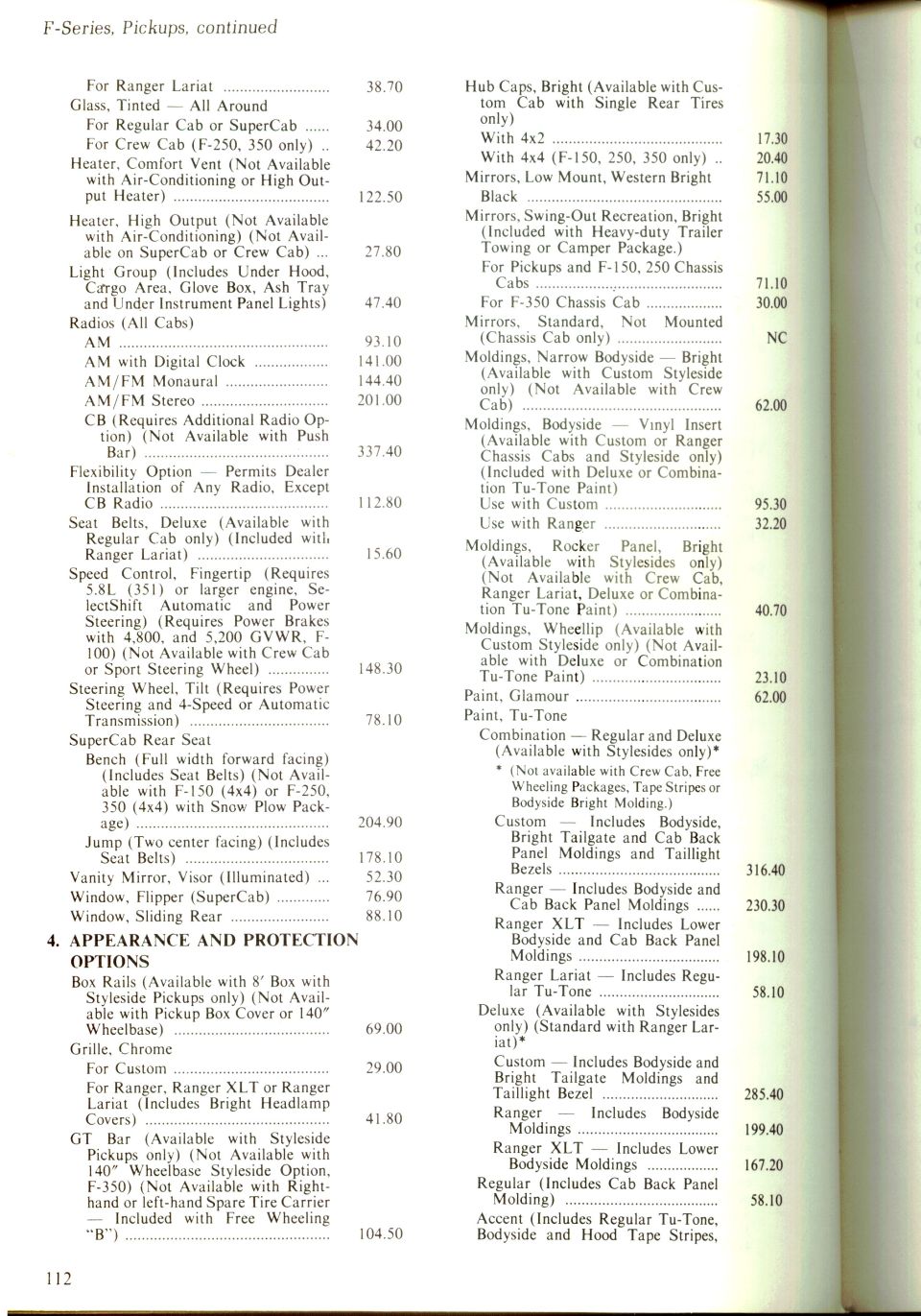 F-Series pickups option price list page 112 covering glass, heaters, radios, trim and moldings