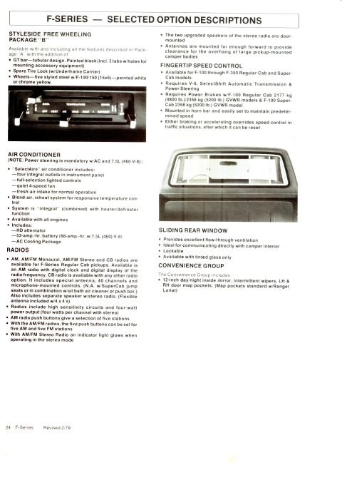 1979 Ford Bronco - Scanned page 24 of a Ford F-Series buyer's guide, dated "Revised 2/79," describing selected options: Styleside Free Wheeling Package "B," S…