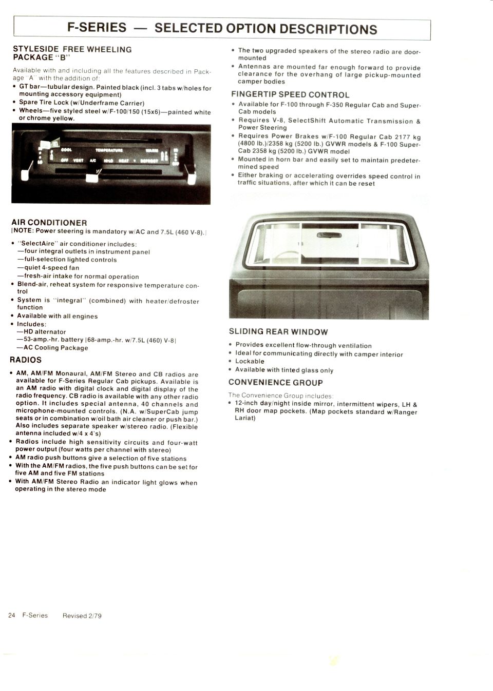 F-Series selected option descriptions page with A/C control and sliding rear window photos