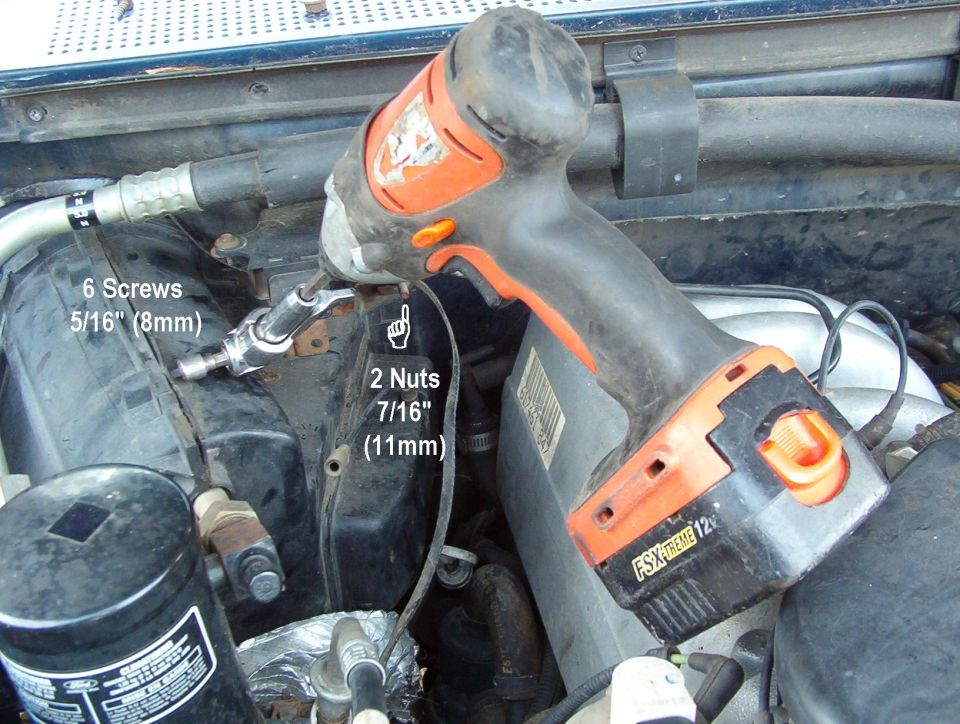 I'll remove the evaporator core for 2 reasons:
1) to check for metal shavings from the failed compressor, and to flush them out if necessary, &
2) to wash the squirrel crap out of the fins.  I vacuumed out what I could while replacing the blower & resistor, but I know there's more.  (This CAN be done withOUT releasing any refrigerant.)

Three of the case screws  are hidden inside the foil heat sheild, and on this truck, their heads had rusted away.  I had to dremel them off & then use vise-grips to remove the screw shafts later.