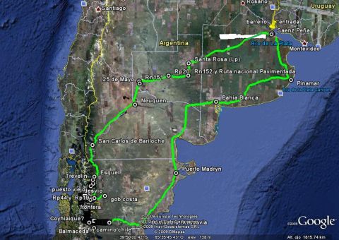 1986 Ford Bronco - A Google Earth satellite view displays a plotted route across Argentina, likely from a road trip.