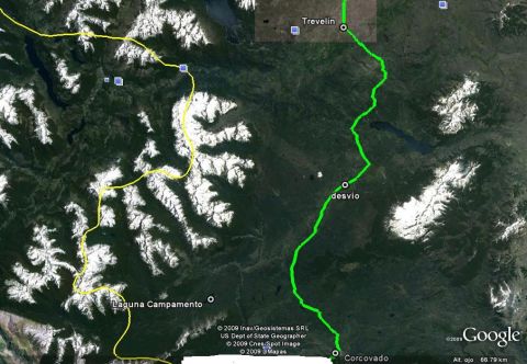 1986 Ford Bronco - This satellite image displays a mapped route overlayed on a geographical landscape, with no vehicles visible.