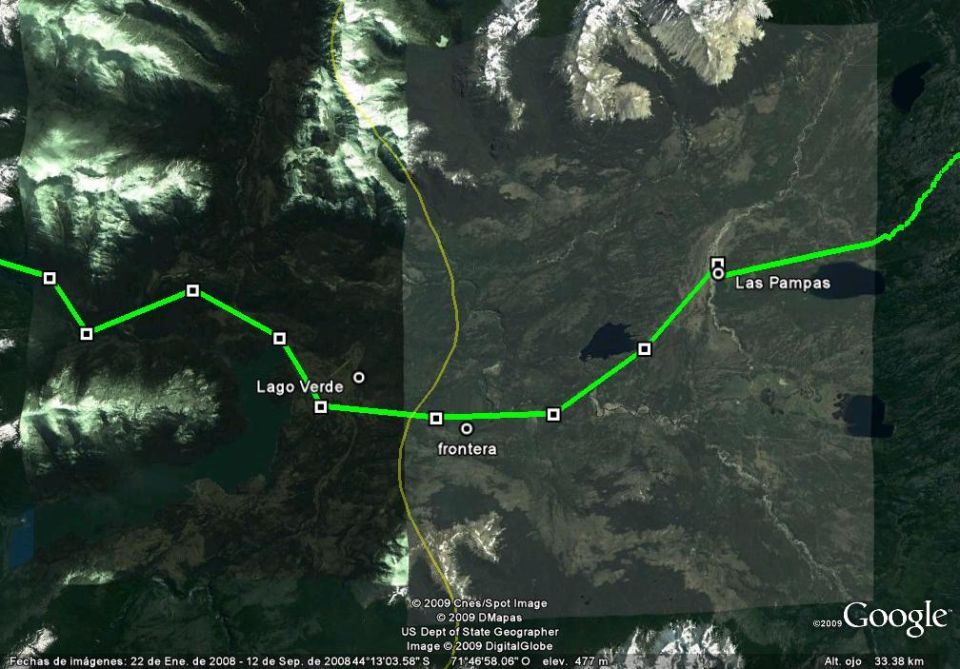 Google Earth screenshot with green GPS route through Lago Verde and the frontera