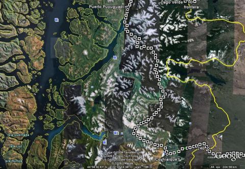1986 Ford Bronco - This satellite image displays a route marked by squares, traversing a landscape of mountains and fjords.