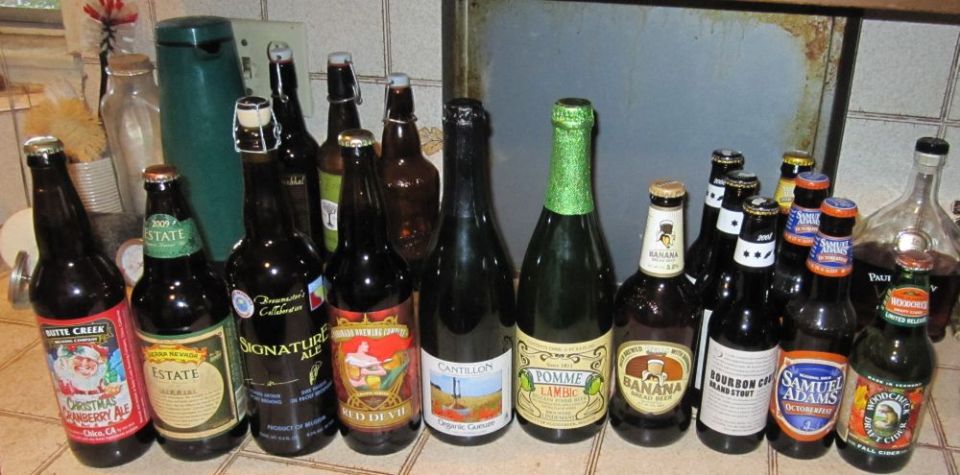 various beer bottles on a counter