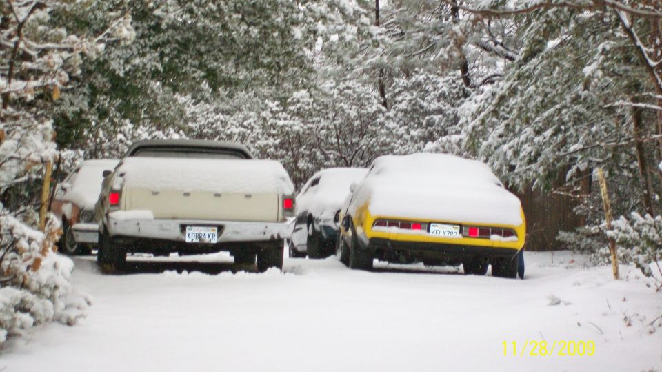 1972 Ford Ranchero and two other cars covered in snow