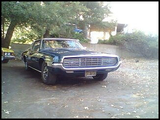 Black 1960s Ford Thunderbird front three-quarter view parked under a tree