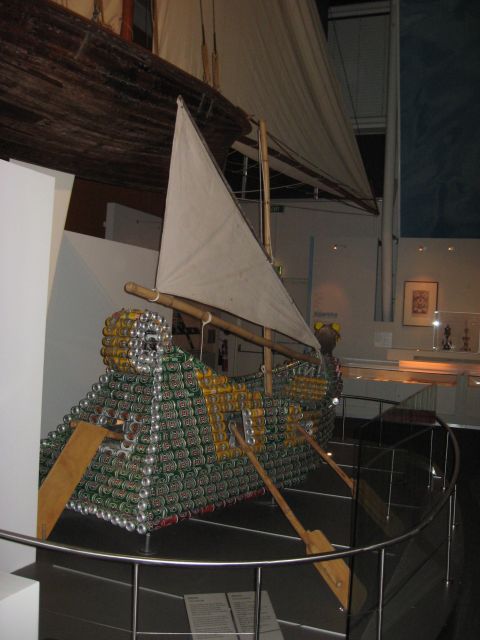 2008 Ford F-250 - A model boat crafted entirely from aluminum cans is displayed with sails and oars.