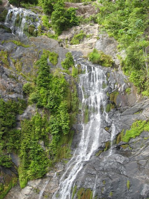 2008 Ford F-250 - A natural waterfall flows over dark rocks covered in green moss and vegetation.