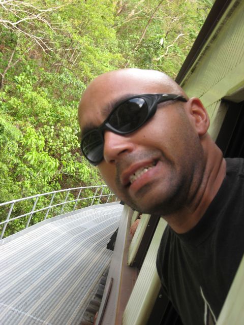 2008 Ford F-250 - Man in sunglasses looks out from a structure with a view of dense green foliage.