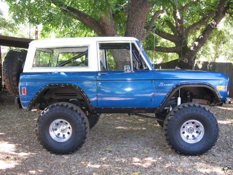 1977 Ford Bronco - A lifted 1977 Ford Bronco in blue with a white hardtop sits parked outdoors under a large tree.