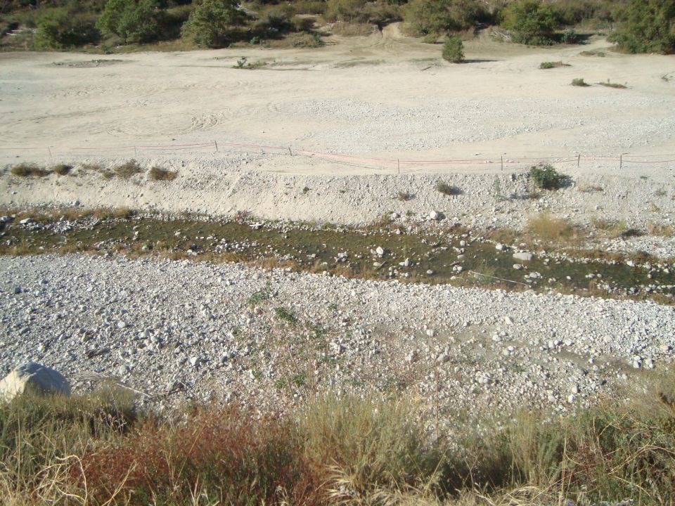 Dry riverbed with sparse vegetation and a dirt road in the distance