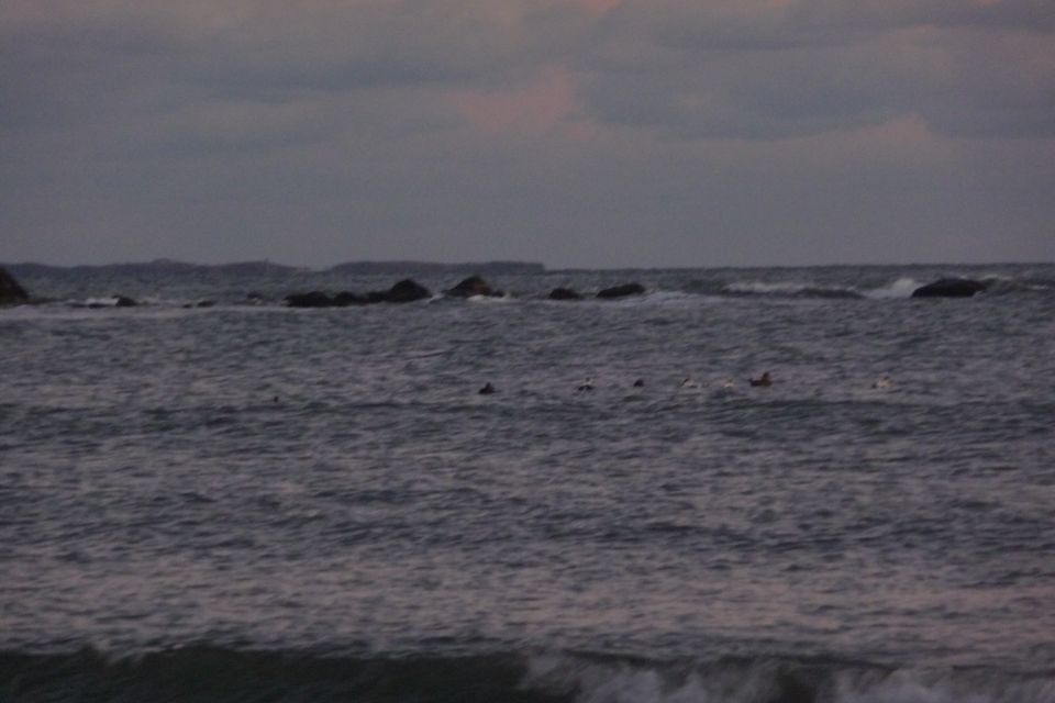 Ocean waves crash against rocks under a cloudy sky