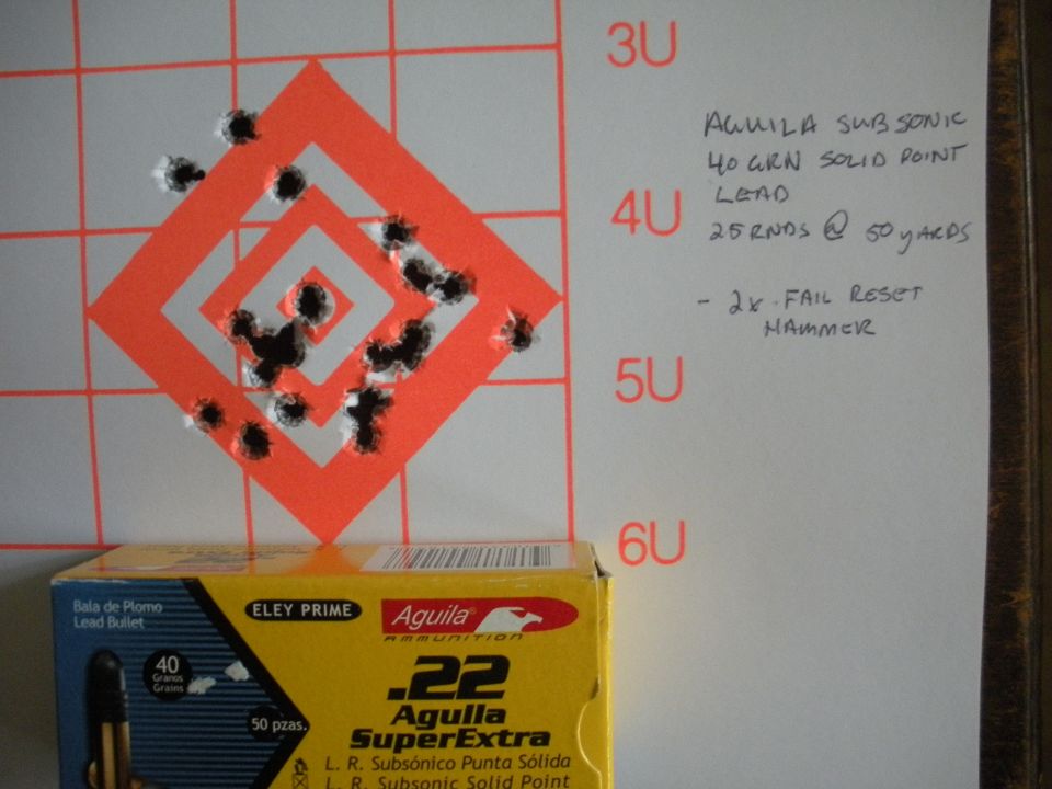 Target with bullet holes and handwritten notes about ammo and a firearm issue
